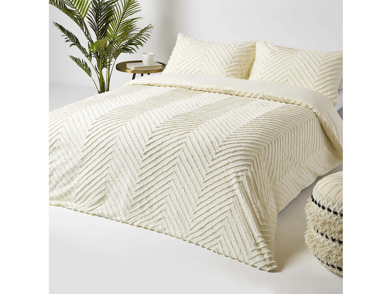 Parure de lit écru tuftée à motif ziz zag, 135x200cm - HOMESCAPES