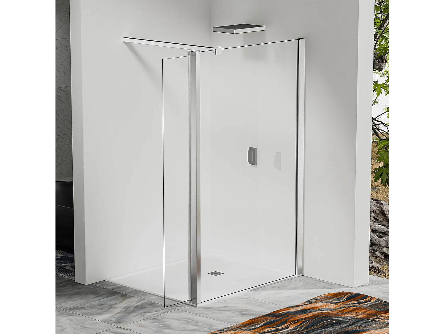 Paroi de douche à l’italienne 70×200 cm avec retour pivotant 30×200 cm – Verre trempé – Barre 90 cm – Alu chromé