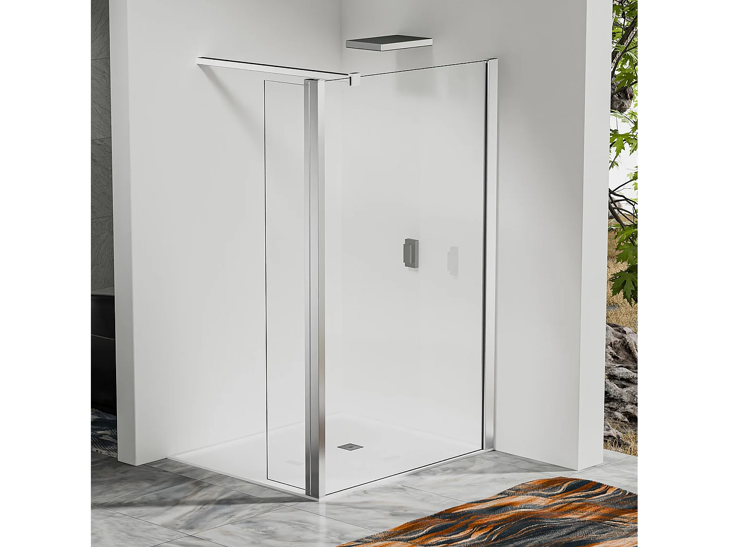 Paroi de douche fixe 50×200 cm avec retour pivotant 40×200 cm - Barre 90 cm – Alu chromé
