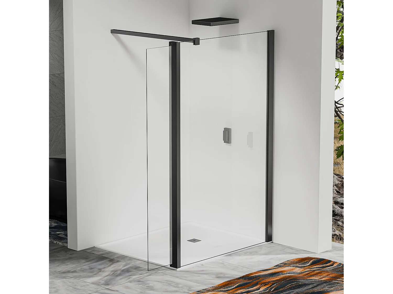 Paroi de douche à l’italienne 90×200 cm avec déflecteur pivotant 50×200 cm – Barre de fixation 90 cm recoupable Noir mat