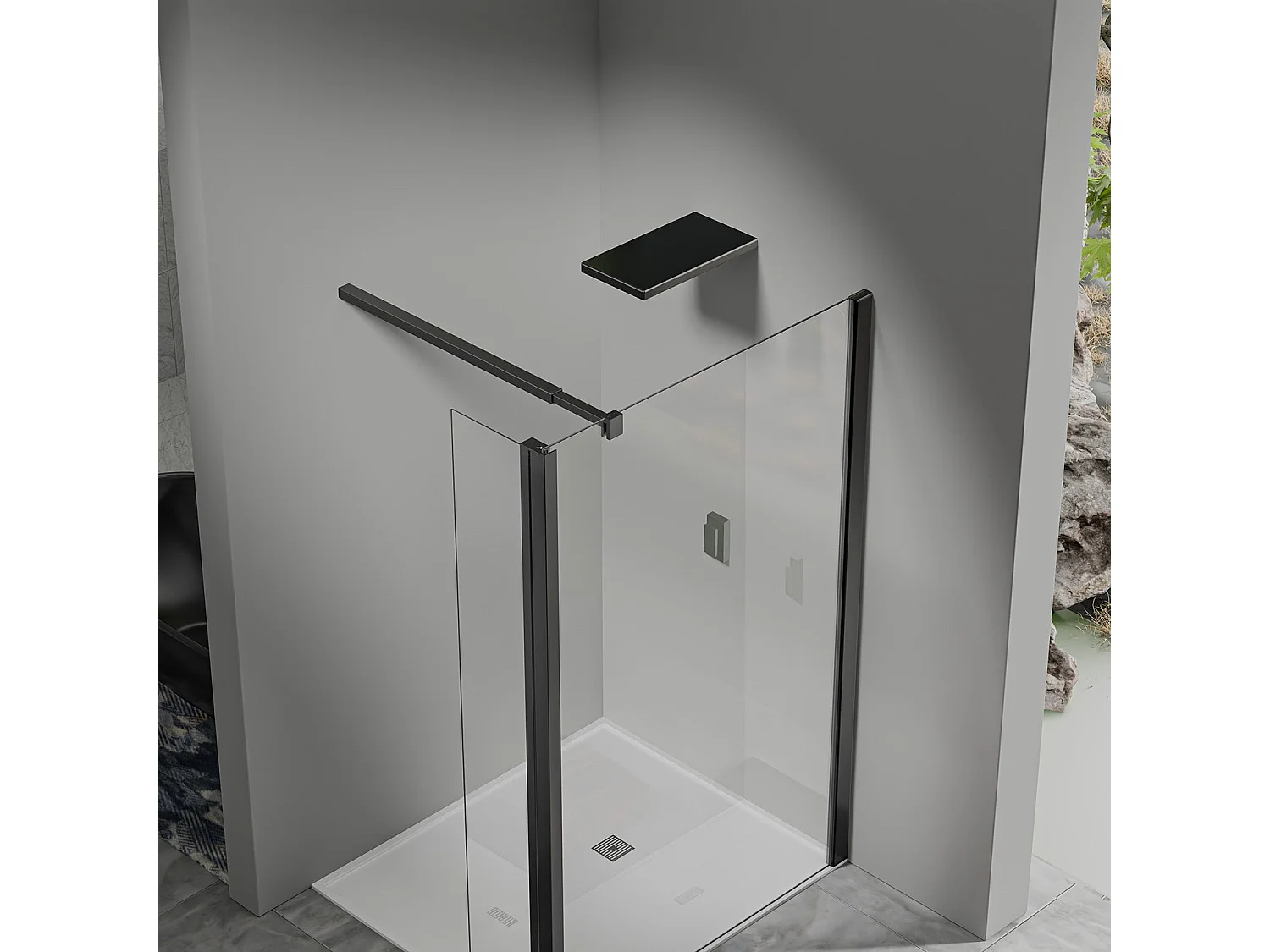 Paroi de douche à l’italienne 60×200 cm avec déflecteur 40×200 cm - Barre recoupable 140 cm – Aluminium noir mat
