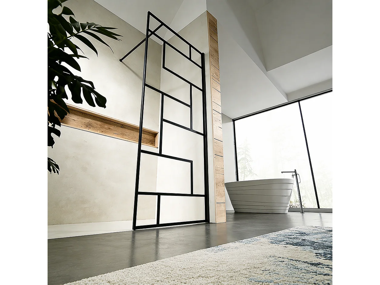 Paroi de douche à sérigraphie moderne 120x200 cm en verre anticalcaire 8 mm avec barre de renfort 90 cm – Noir mat