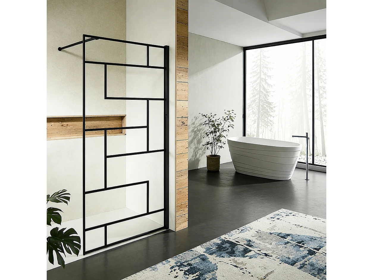 Paroi de douche à sérigraphie moderne 120x200 cm en verre anticalcaire 8 mm avec barre de renfort 90 cm – Noir mat