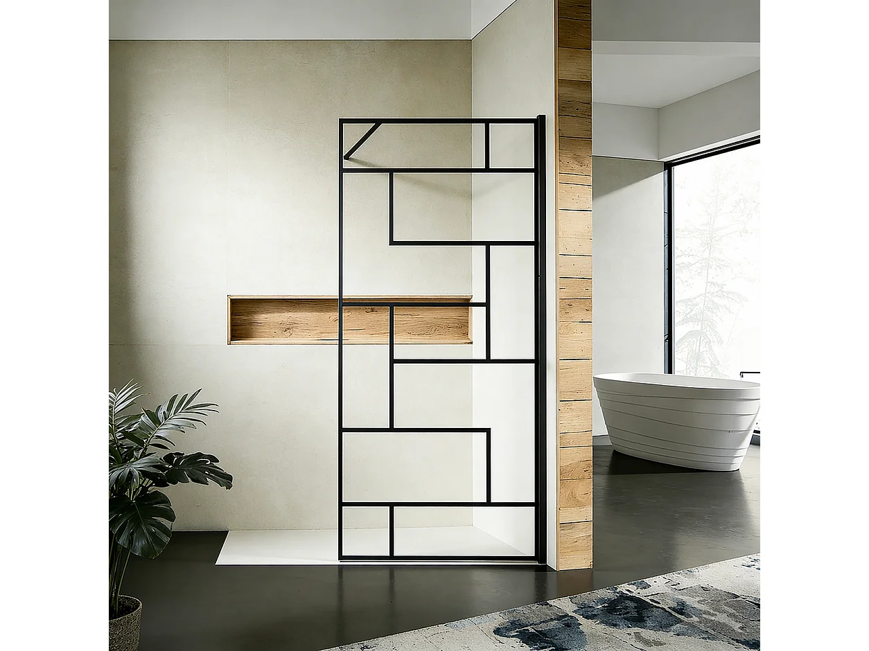 Paroi de douche à sérigraphie moderne 120x200 cm en verre anticalcaire 8 mm avec barre de renfort 90 cm – Noir mat