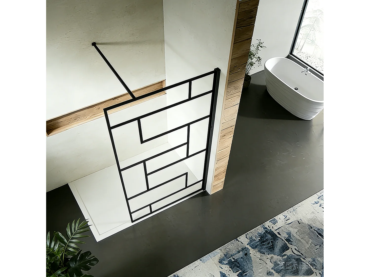 Paroi de douche à sérigraphie moderne 120x200 cm en verre anticalcaire 8 mm avec barre de renfort 90 cm – Noir mat