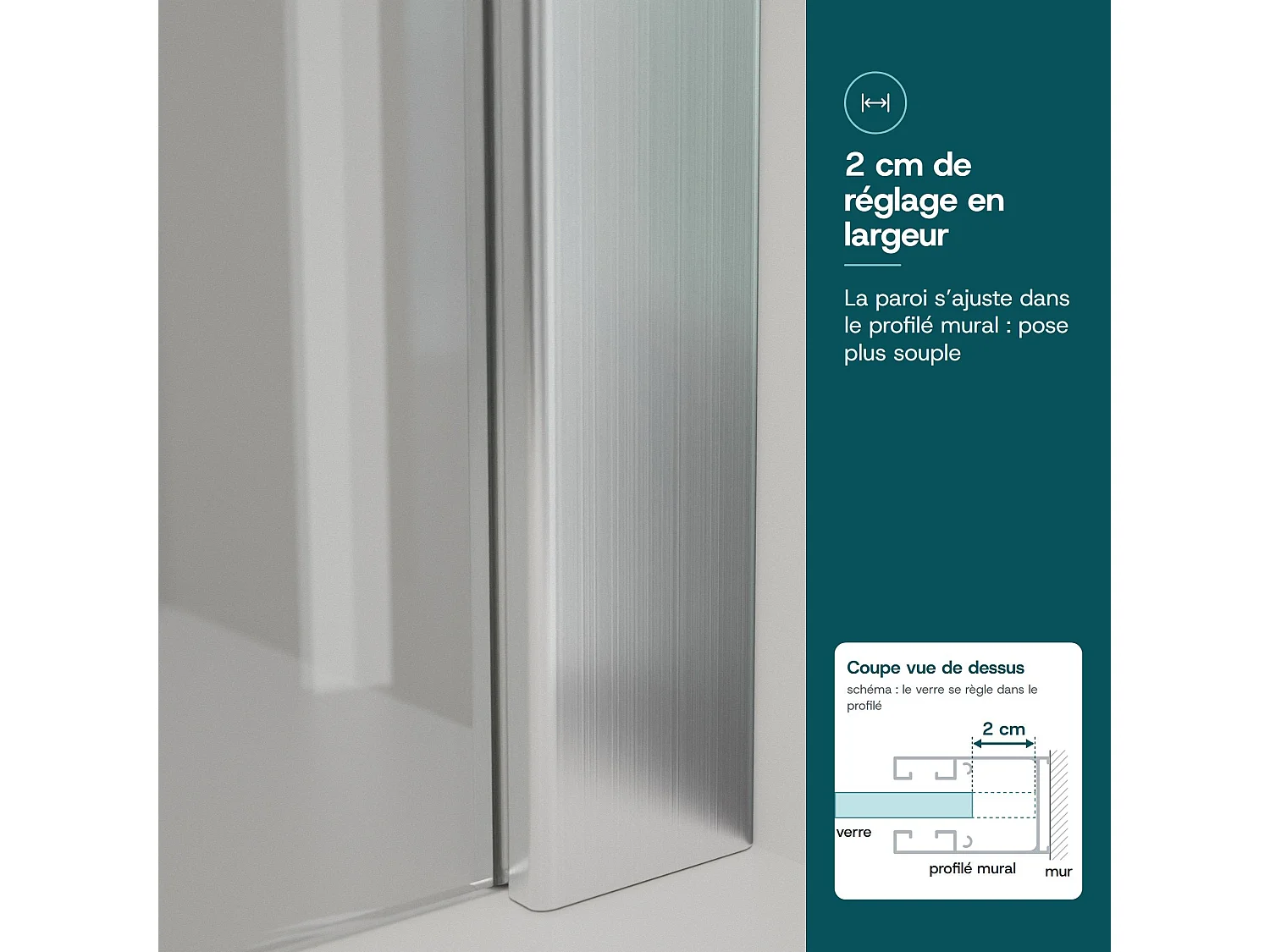 Paroi de douche 110x200 cm - verre 8 mm transparent - Barre de fixation extensible 73-120 cm - Finition chromée brossée