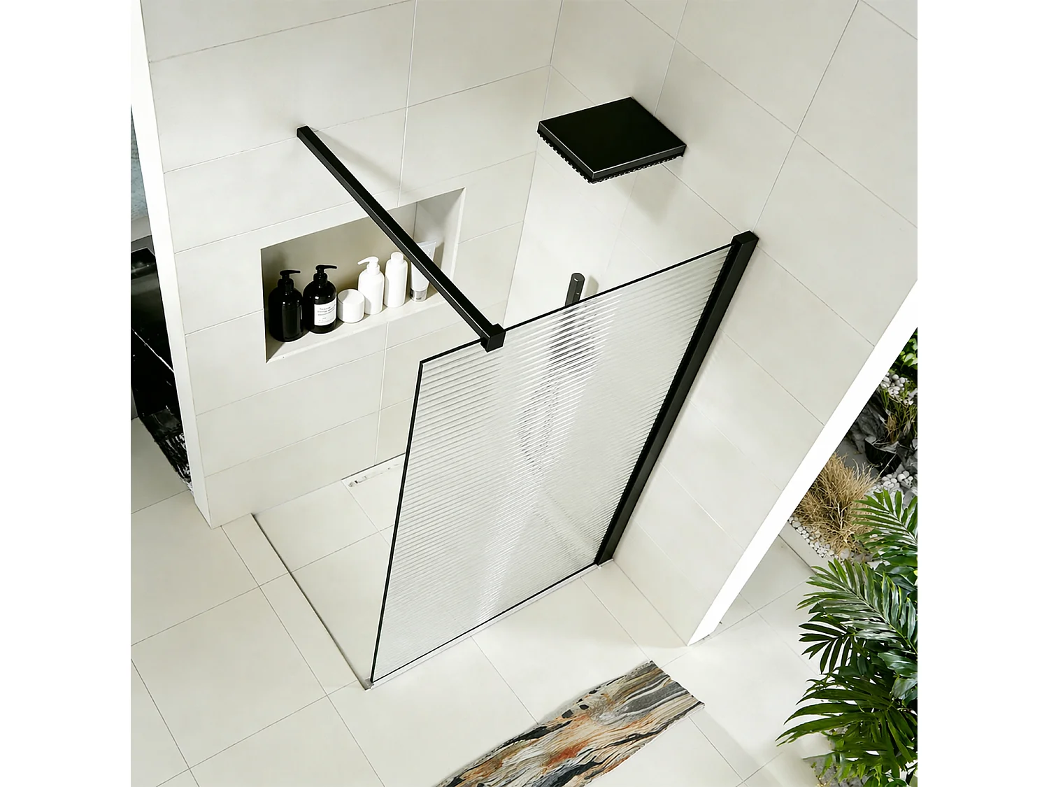 Paroi de douche 110x200 en verre ondulé 8mm avec barre de stabilisation 90 cm – Finition en noir mat