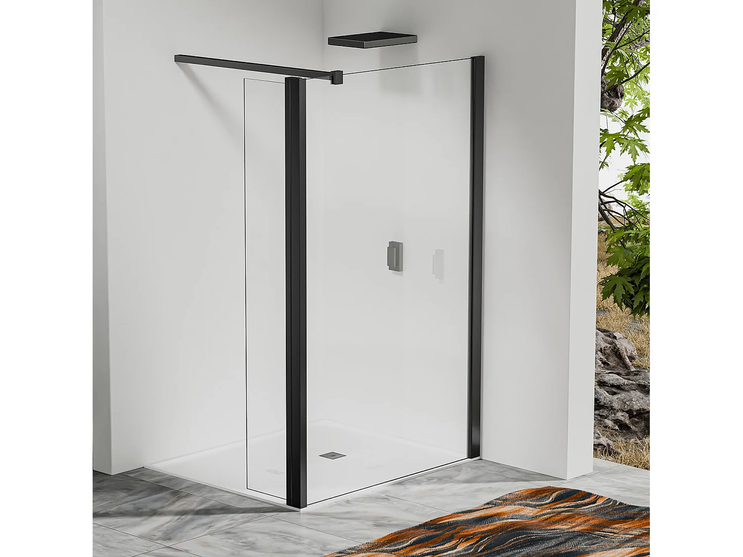 Paroi de douche à l’italienne 90×200 cm avec déflecteur 40×200 cm - Barre recoupable 140 cm – Aluminium noir mat