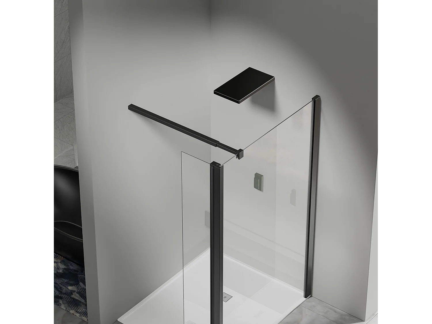 Paroi de Douche 110×200 cm avec Retour Pivotant 50×200 cm – Barre Extensible 73–120 cm – Aluminium Noir Mat