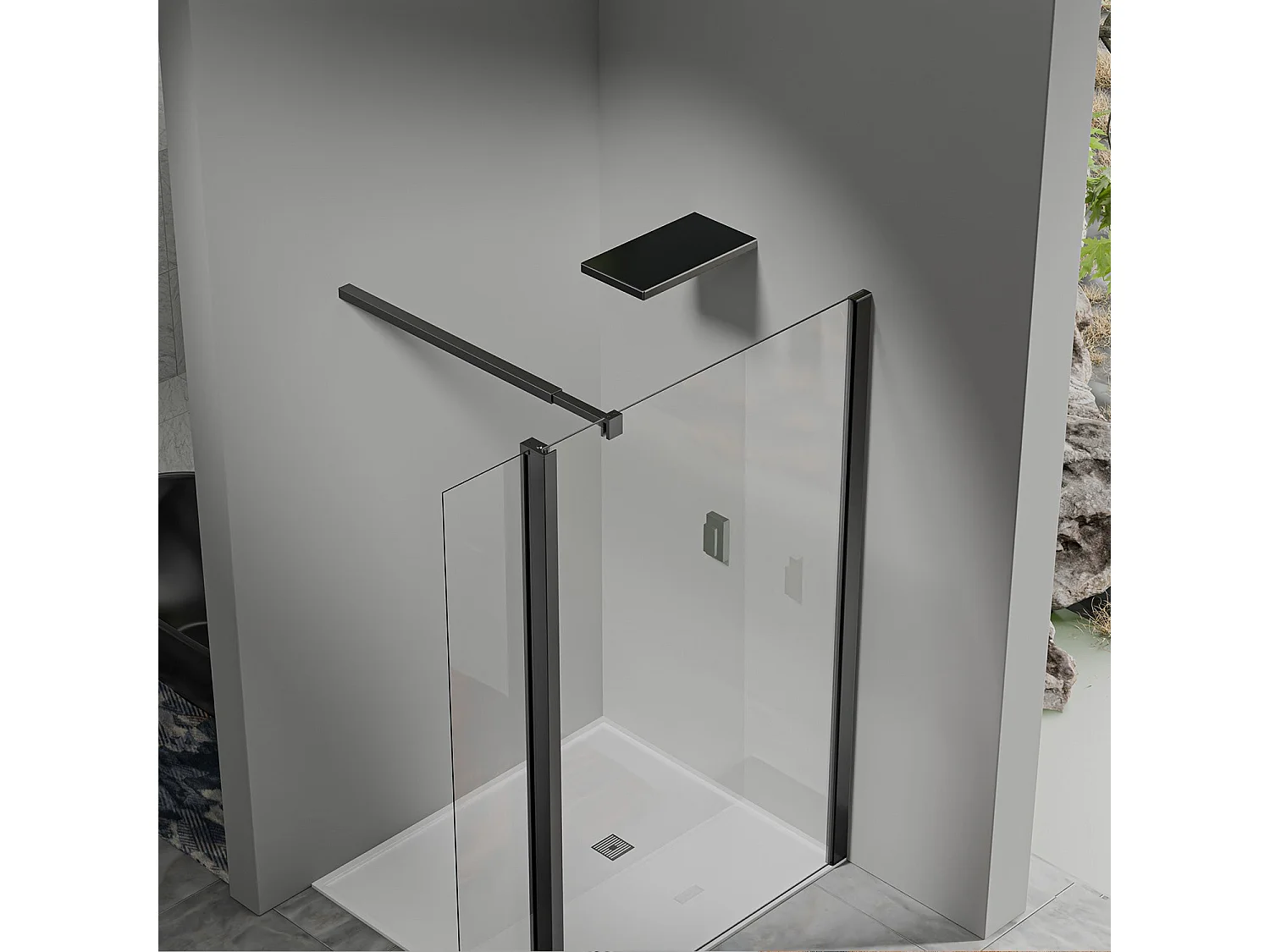 Paroi de Douche 110×200 cm avec Retour Pivotant 50×200 cm – Barre Extensible 73–120 cm – Aluminium Noir Mat