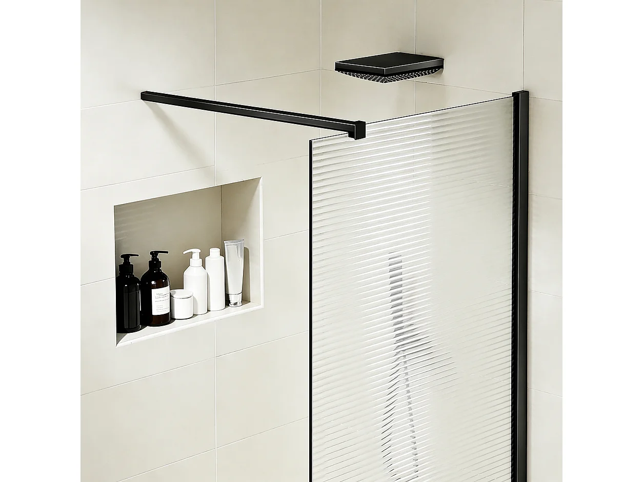 Paroi de douche 90x200 en verre ondulé 8mm avec barre de stabilisation 90 cm – Finition en noir mat