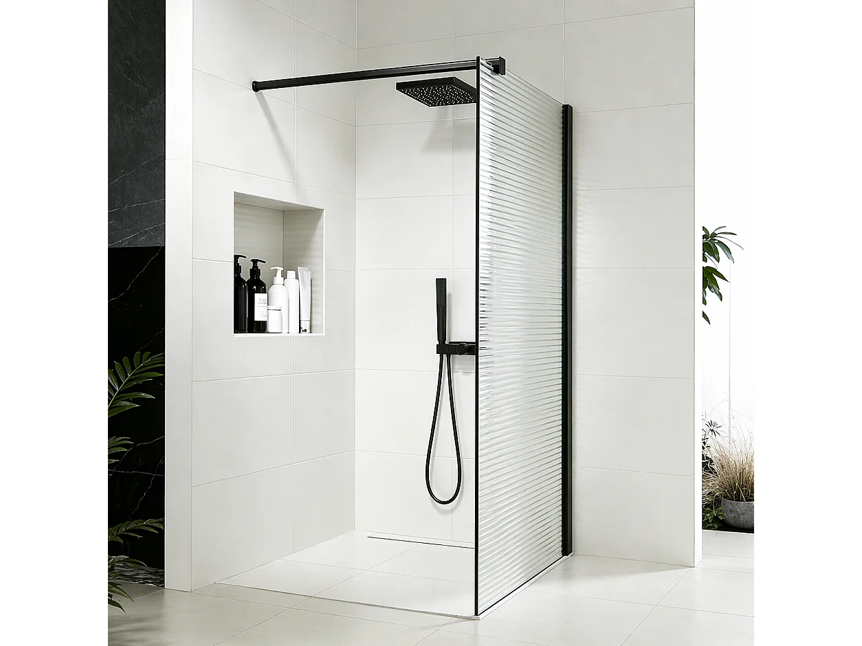 Paroi de douche 100x200 en verre ondulé 8mm avec barre de stabilisation 90 cm – Finition en noir mat