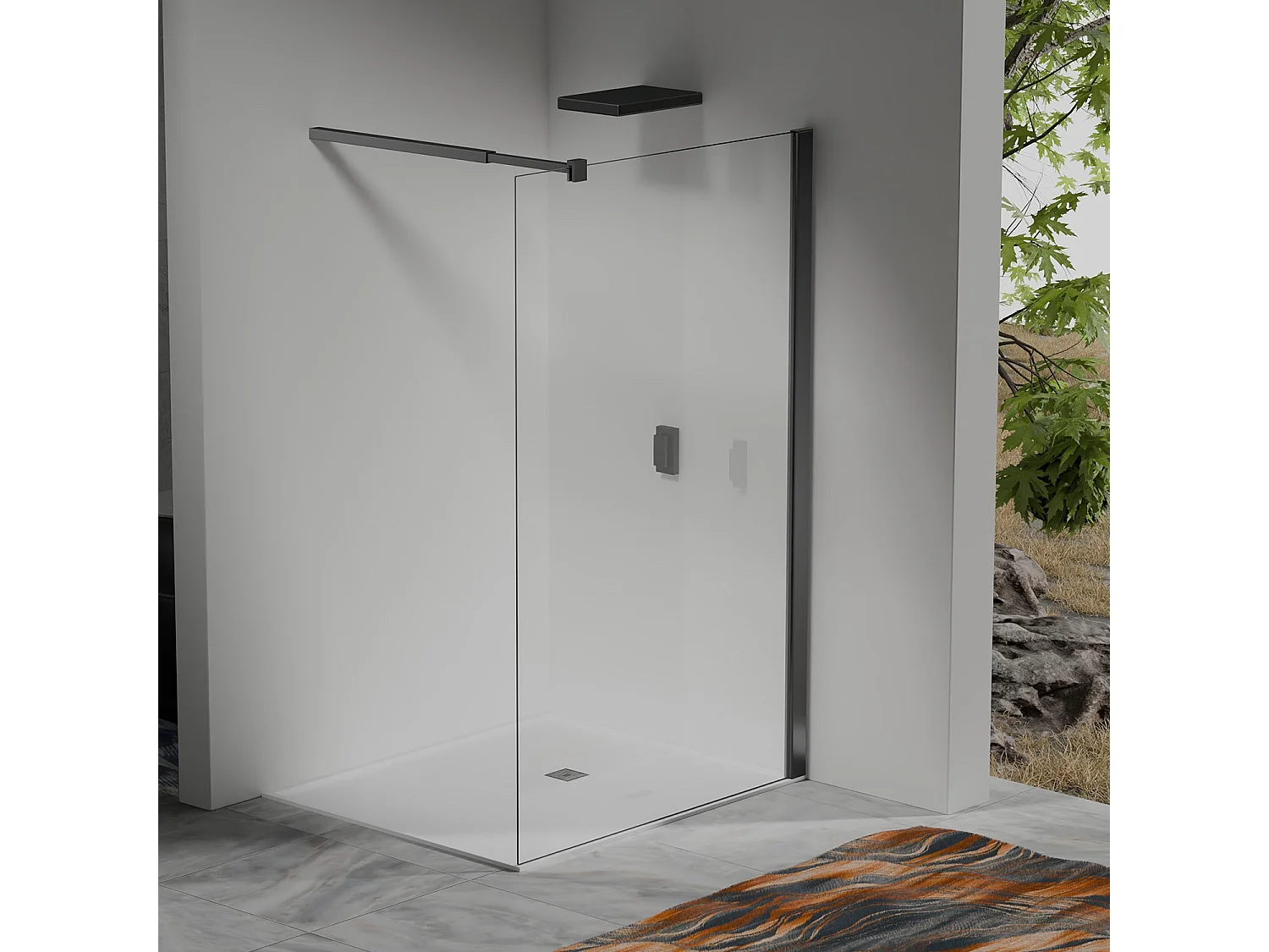Paroi de douche 130×200 cm -  verre 8mm transparent - Barre de fixation extensible 73-120 cm - Aluminium noir mat