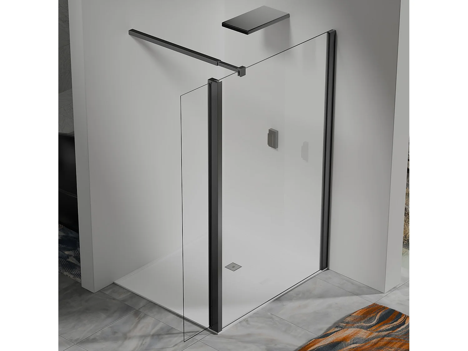 Paroi de Douche 120×200 cm avec Retour Pivotant 50×200 cm – Barre Extensible 73–120 cm – Aluminium Noir Mat