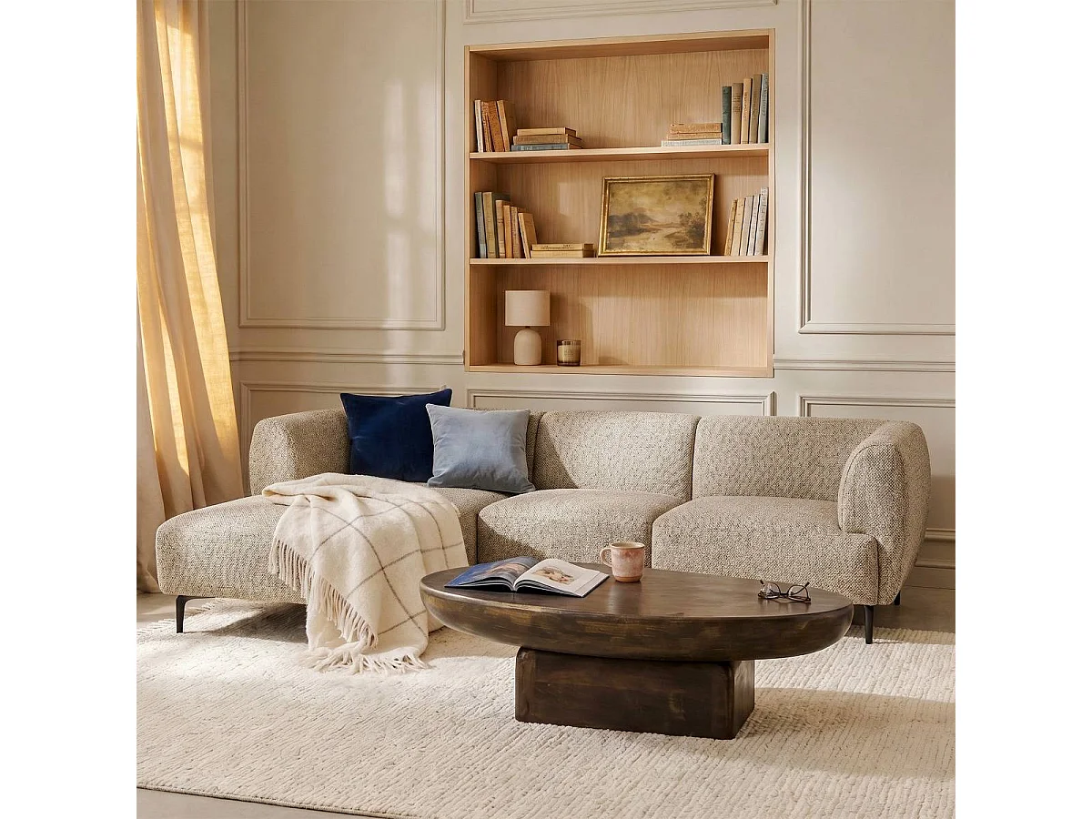 Canapé d'angle en tissu beige et pieds en bois Sacha