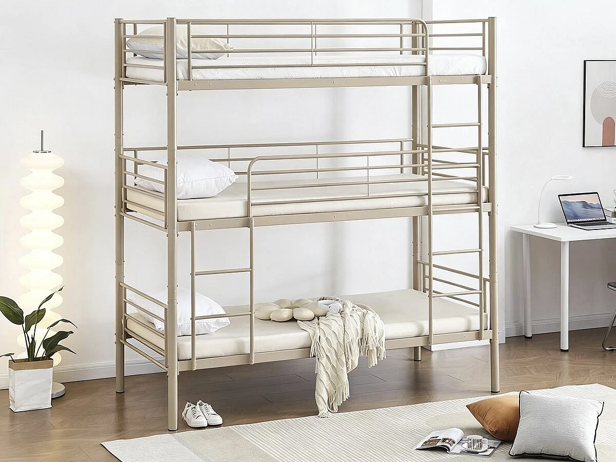Lit superposé en métal triple "HAVIN" - 90 x 190 cm - Taupe