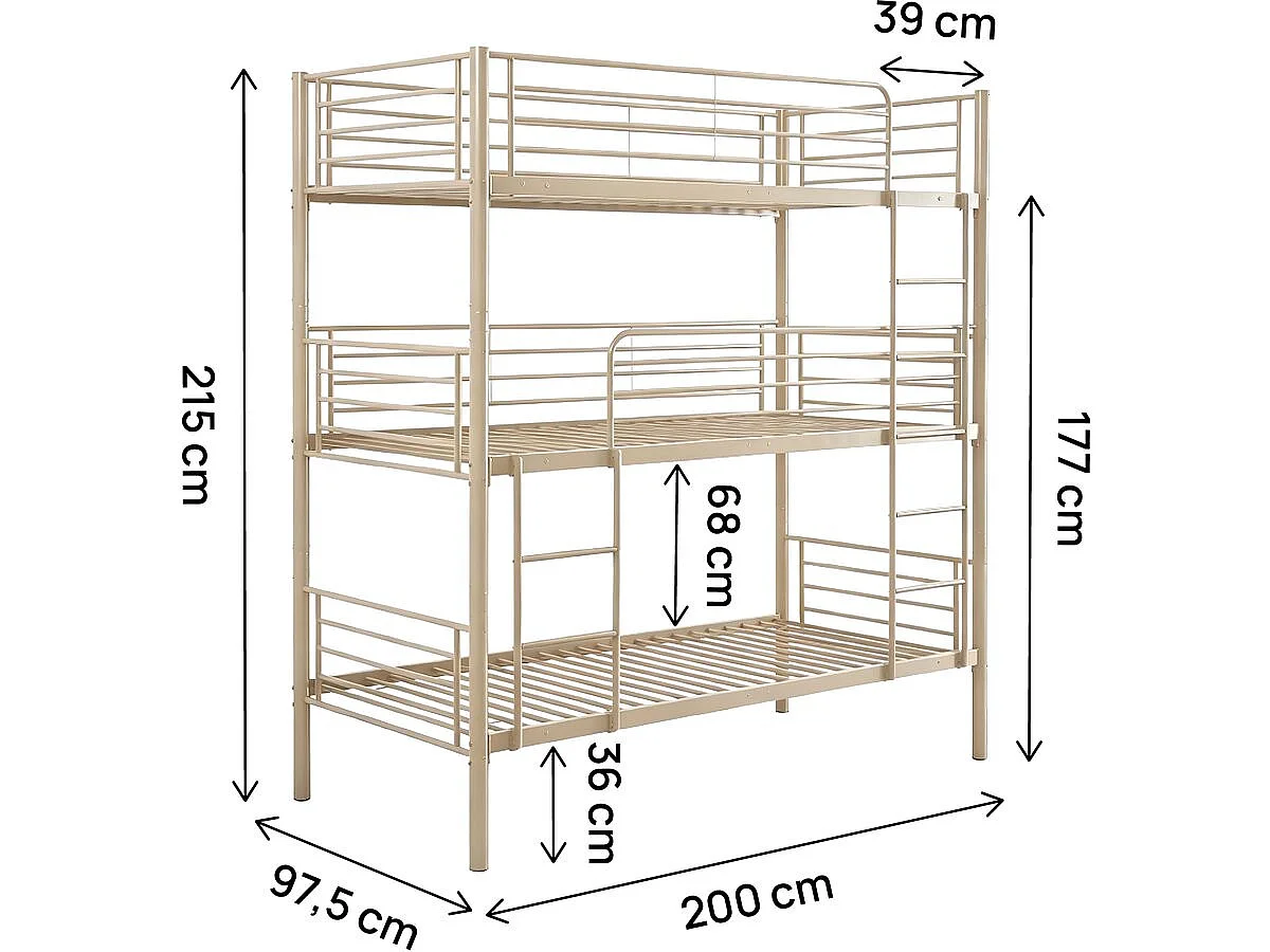 Lit superposé en métal triple "HAVIN" - 90 x 190 cm - Taupe