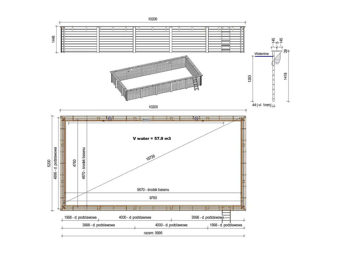 Piscina in legno AQUA 10.2 x 5.2 - H.1.45 m, sabbia, con supporti da cementare - BAS7310OSPI3 - ALTANKA