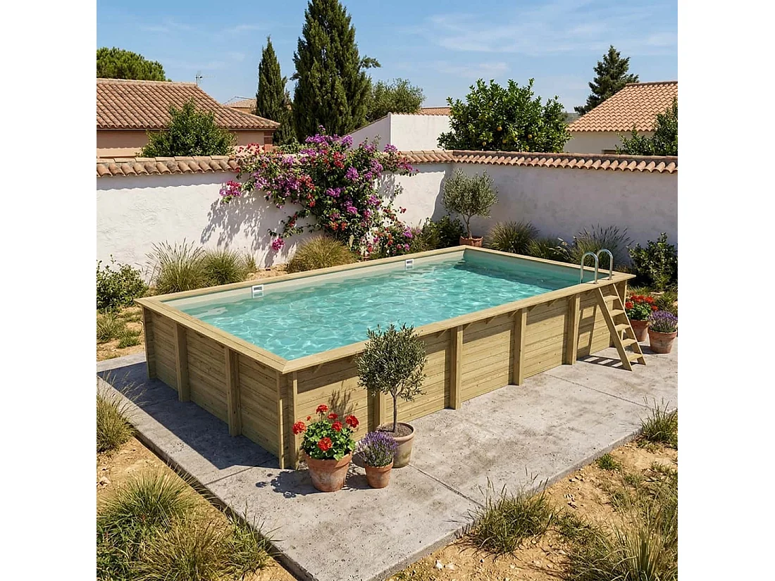 Piscina in legno AQUA 10.2 x 5.2 - H.1.45 m, sabbia, con supporti fissati al calcestruzzo - BAS7310OSPL3 - ALTANKA