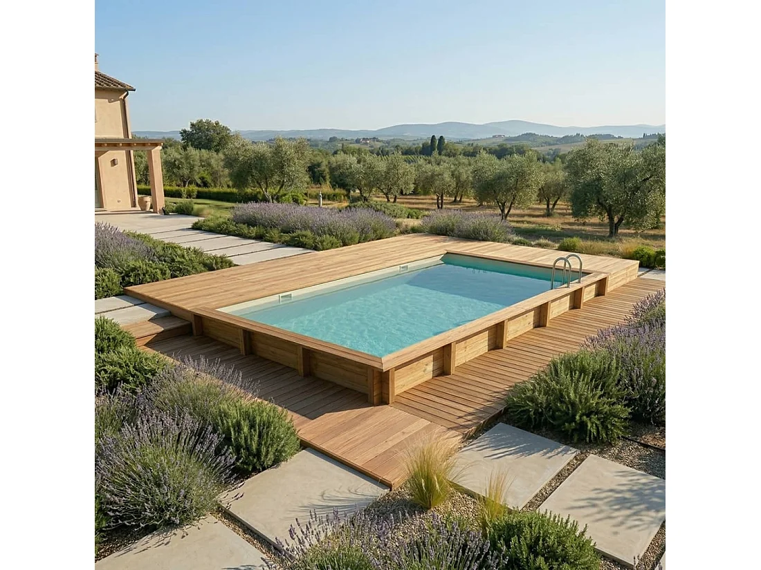 Piscina in legno AQUA 10.2 x 5.2 - H.1.45 m, sabbia, con supporti fissati al calcestruzzo - BAS7310OSPL3 - ALTANKA