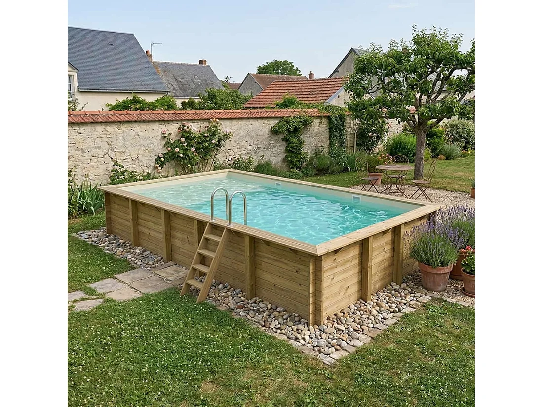 Piscina in legno AQUA 10.2 x 5.2 – H.1.45 m con spiaggia, sabbia, con supporti da cementare - BAS7310OSPI3+PLA310 - ALTANKA