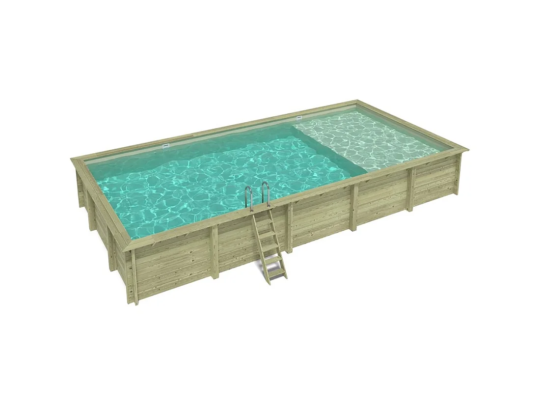 Piscina in legno AQUA 10.2 x 5.2 – H.1.45 m con spiaggia, sabbia, con supporti fissati al calcestruzzo - BAS7310OSPL3+PLA310 - ALTANKA