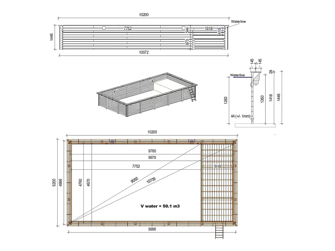 Piscina in legno AQUA 10.2 x 5.2 – H.1.45 m con spiaggia, sabbia, con supporti fissati al calcestruzzo - BAS7310OSPL3+PLA310 - ALTANKA