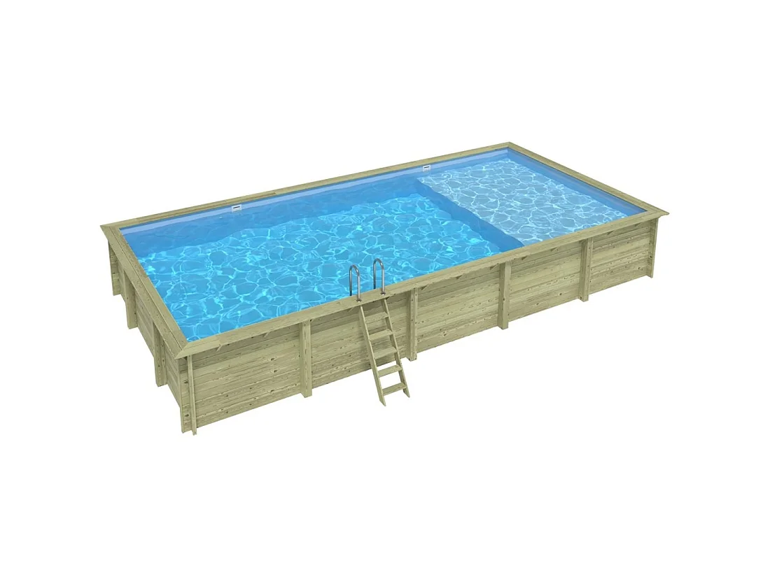 Piscina in legno AQUA 10.2 x 5.2 – H.1.45 m con spiaggia, azzurro chiaro, Su telaio - senza cementazione - BAS7310OSPU+PLA310 - ALTANKA