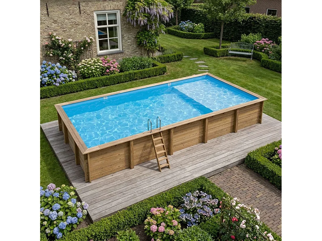 Piscina in legno AQUA 10.2 x 5.2 – H.1.45 m con spiaggia, azzurro chiaro, Su telaio - senza cementazione - BAS7310OSPU+PLA310 - ALTANKA