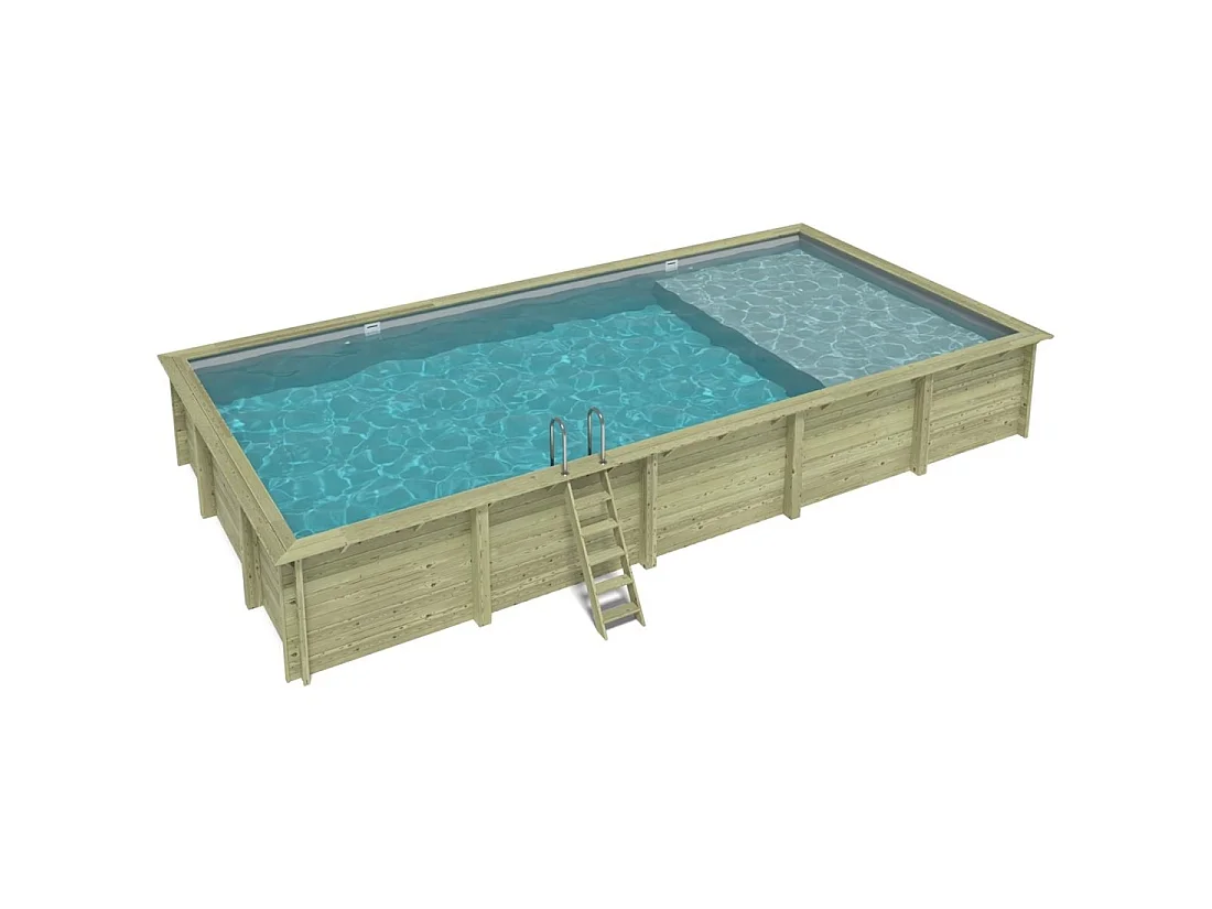 Piscina in legno AQUA 10.2 x 5.2 – H.1.45 m con spiaggia, grigio, con supporti fissati al calcestruzzo - BAS7310OSPL2+PLA310 - ALTANKA