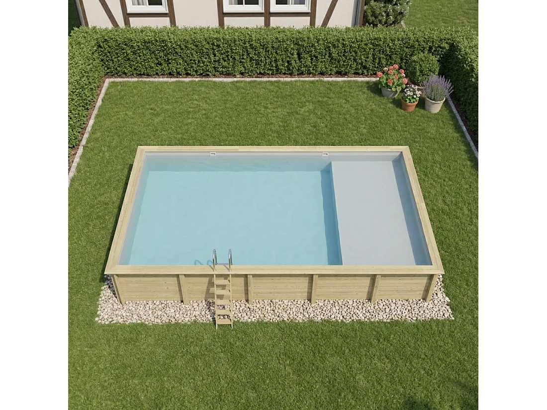 Piscina in legno AQUA 10.2 x 5.2 – H.1.45 m con spiaggia, grigio, con supporti fissati al calcestruzzo - BAS7310OSPL2+PLA310 - ALTANKA