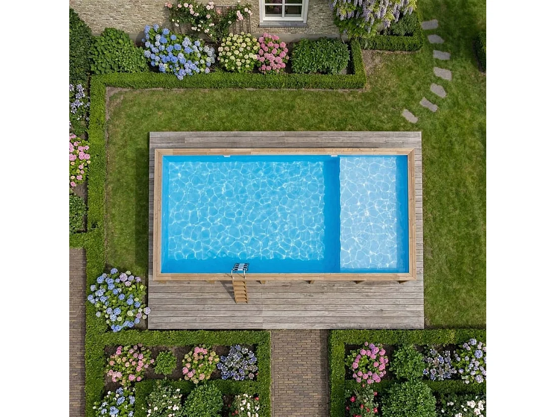 Piscina in legno AQUA 10.2 x 5.2 – H.1.45 m con spiaggia, azzurro chiaro, con supporti da cementare - BAS7310OSPI+PLA310 - ALTANKA
