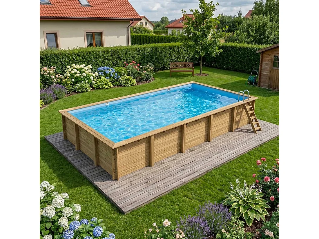 Piscina in legno AQUA 10.2 x 5.2 - H.1.45 m, azzurro chiaro, con supporti da cementare - BAS7310OSPI - ALTANKA
