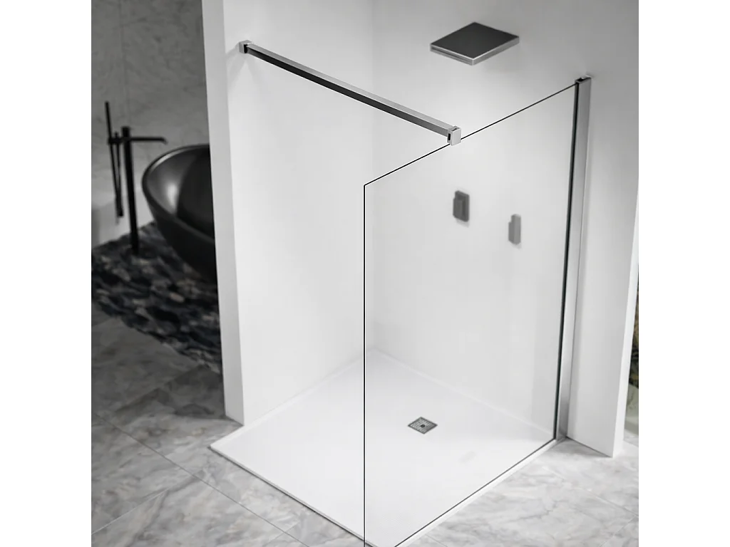 Paroi de douche à l’italienne 120×200 cm - Verre trempé 8 mm - Profilé et barre de stabilisation 90 cm recoupable - Alu chromé