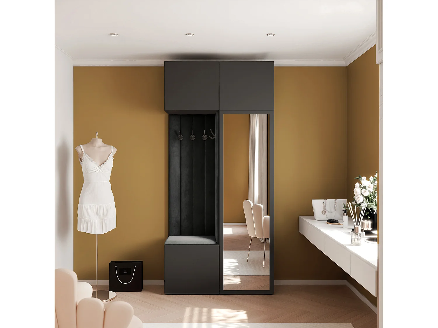 Vestiaire ARIA 10 112 cm Noir Rembourré Noir avec Miroir Soft-Close Push-to-Open