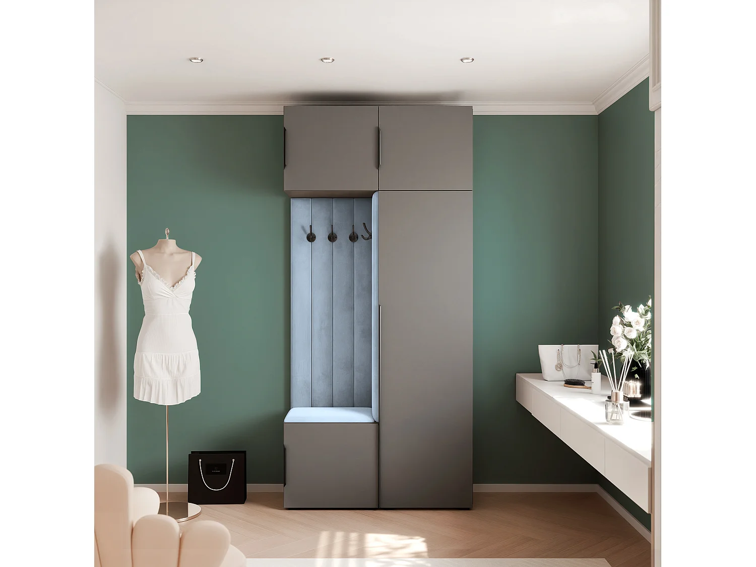 Vestiaire ARIA 10 112 cm Gris Rembourré Bleu Clair Soft-Close Poignées Hexa Noir