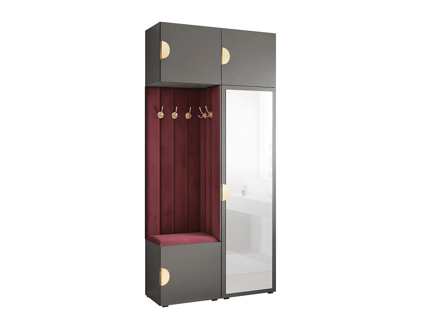 Vestiaire ARIA 10 112 cm Gris Rembourré Bordeaux avec Miroir Soft-Close Poignées Moon Doré