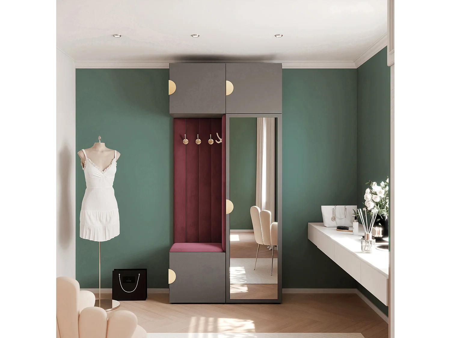 Vestiaire ARIA 10 112 cm Gris Rembourré Bordeaux avec Miroir Soft-Close Poignées Moon Doré