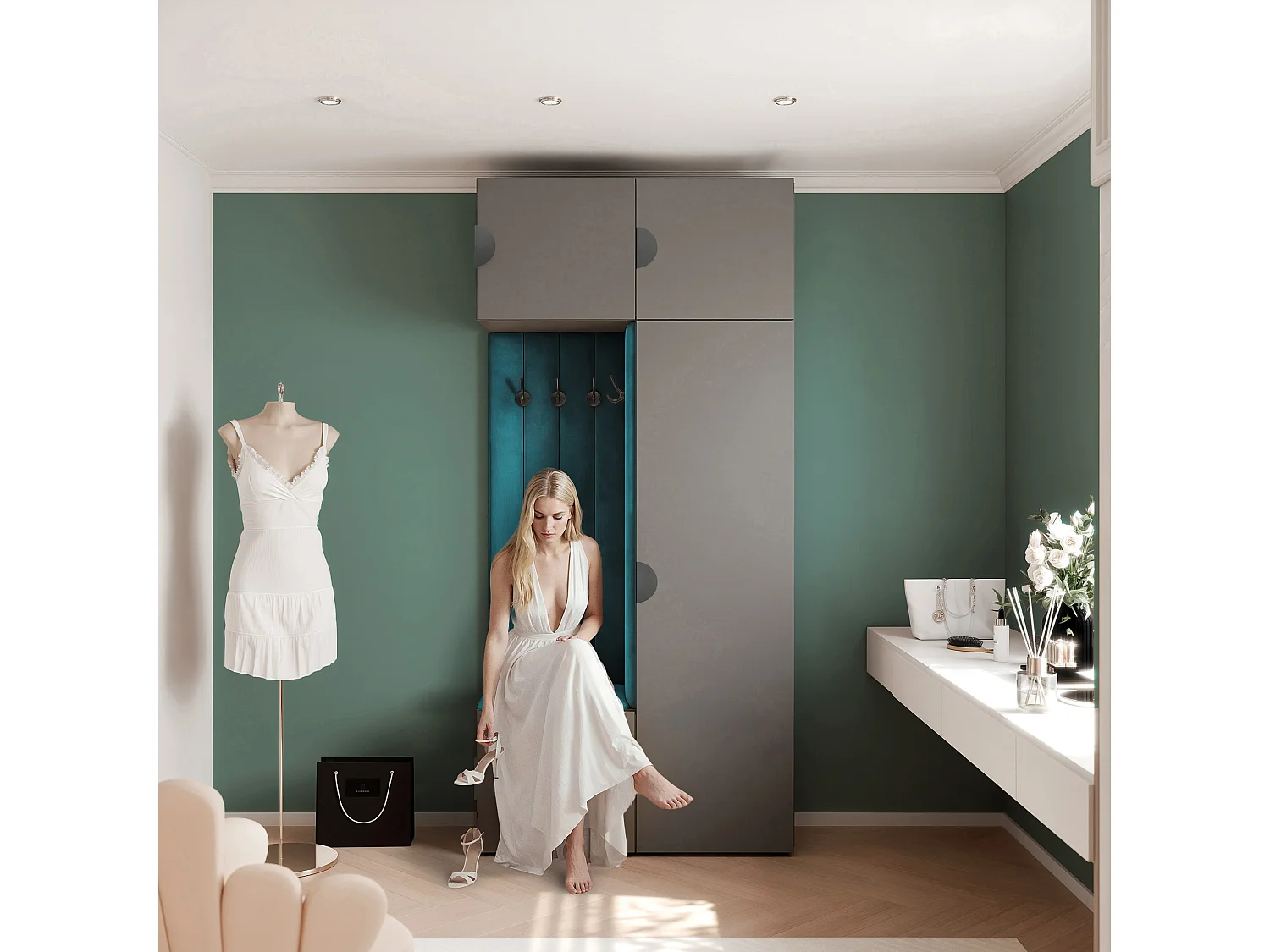 Vestiaire ARIA 10 112 cm Gris Rembourré Bleu Marine Soft-Close Poignées Moon Noir