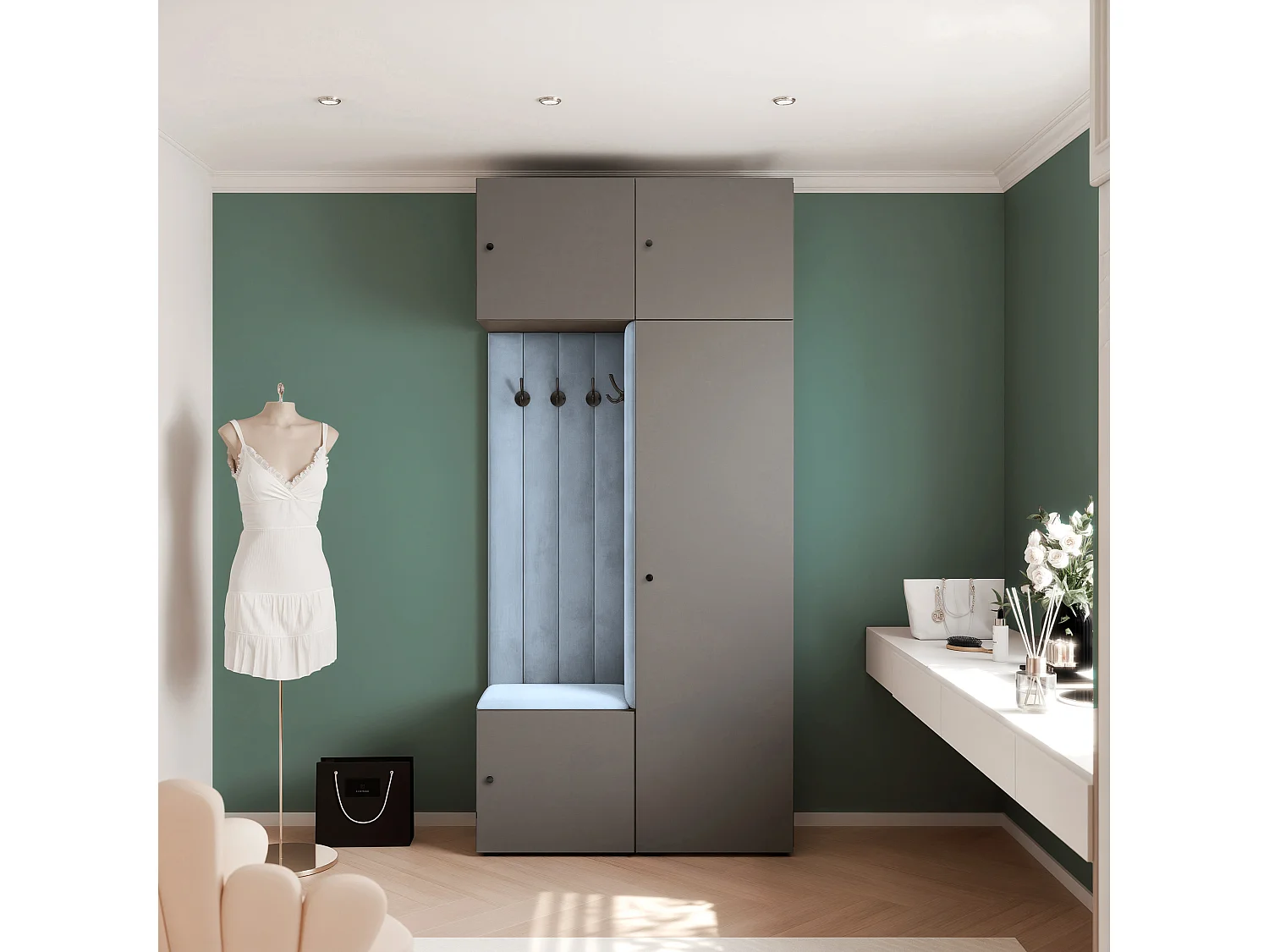 Garderobe Aria 112 cm Grijs Gestoffeerd Lichtblauw Soft-Close Grepen Zwart