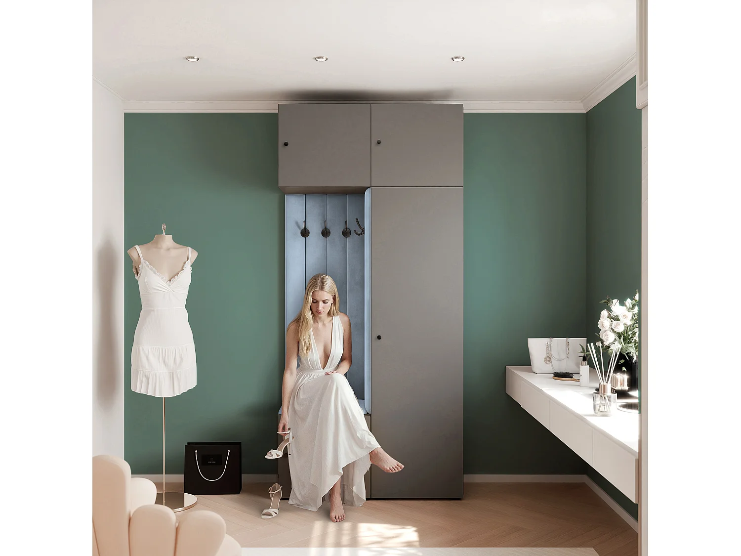 Garderobe Aria 112 cm Grijs Gestoffeerd Lichtblauw Soft-Close Grepen Zwart