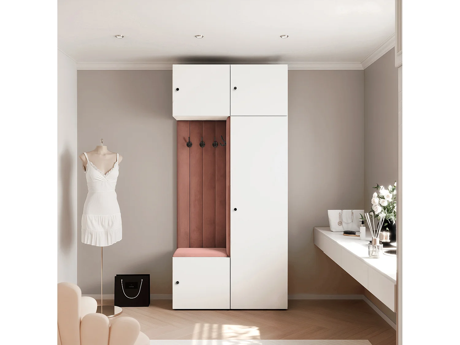 Vestiaire ARIA 10 112 cm Blanc Rembourré Rouille Soft-Close Poignées bouton Noir