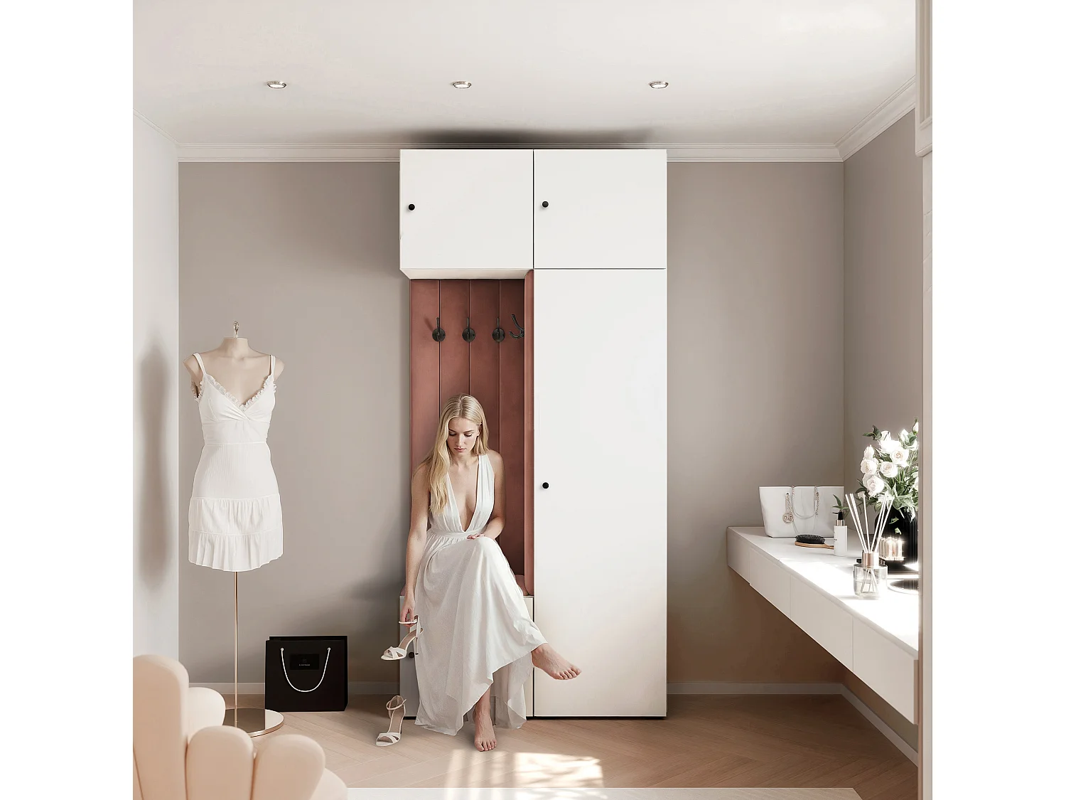 Vestiaire ARIA 10 112 cm Blanc Rembourré Rouille Soft-Close Poignées bouton Noir