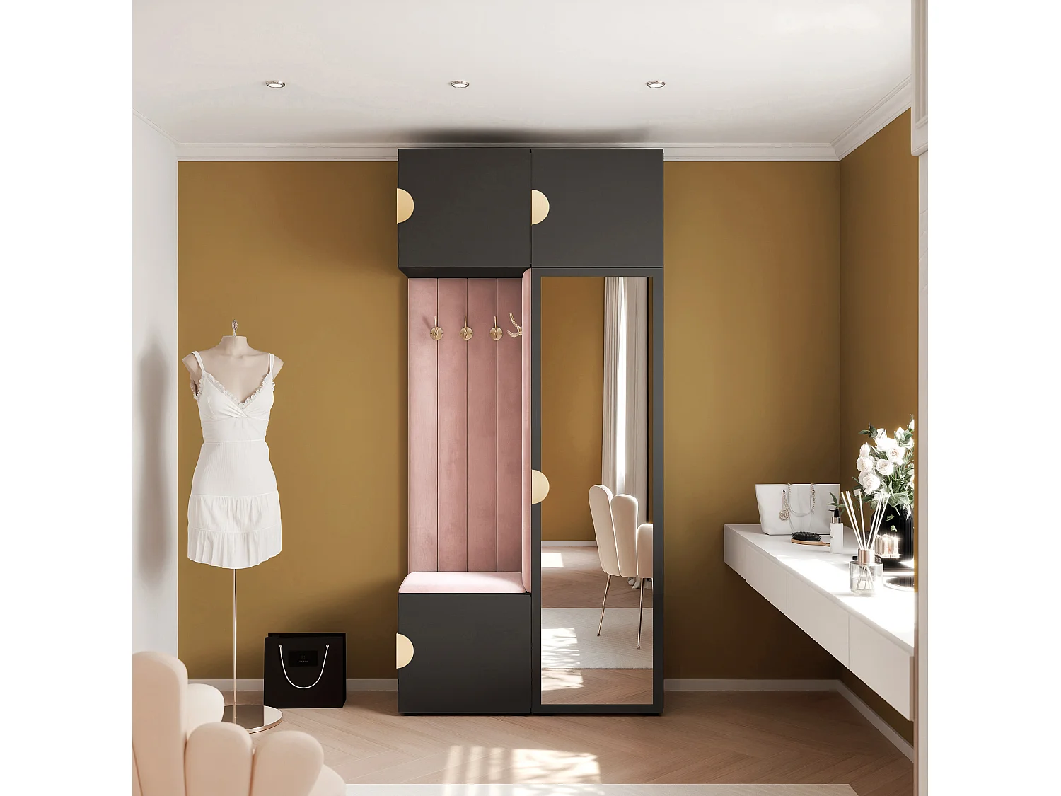 Garderobe Aria 112 cm Zwart Gestoffeerd Roze Soft-Close Grepen Goud