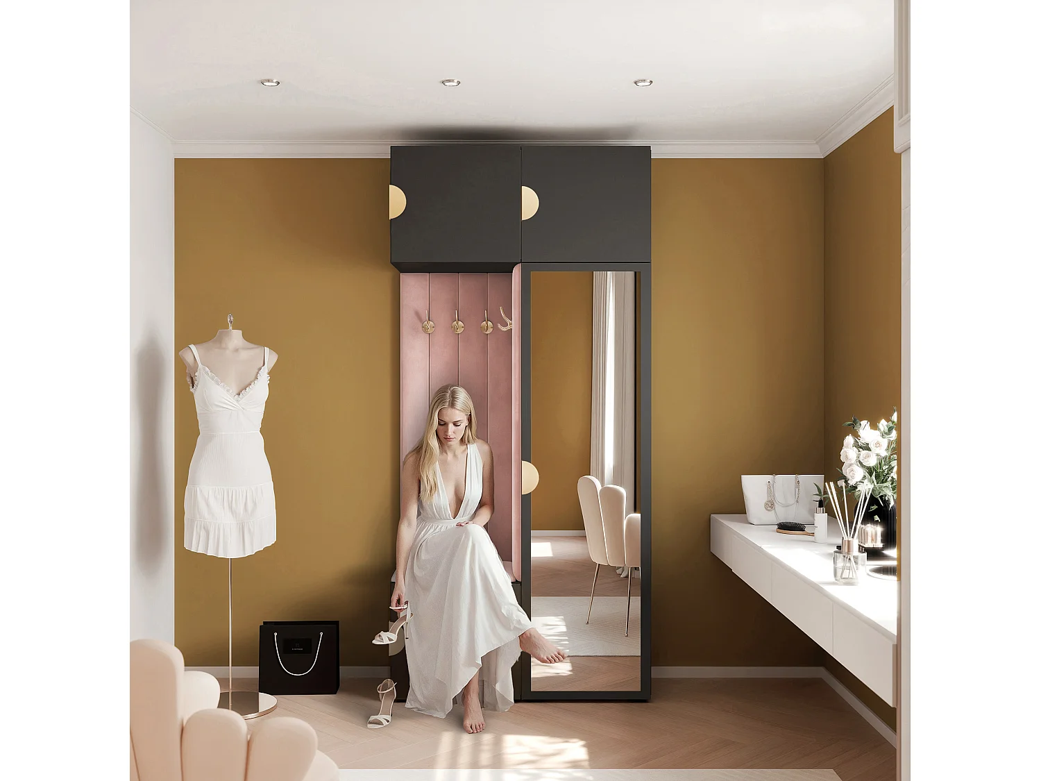 Garderobe Aria 112 cm Zwart Gestoffeerd Roze Soft-Close Grepen Goud