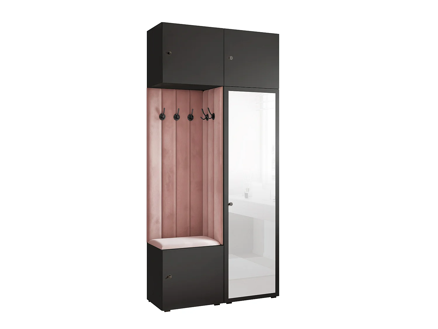 Vestiaire ARIA 10 112 cm Noir Rembourré Rose avec Miroir Soft-Close Poignées bouton Noir