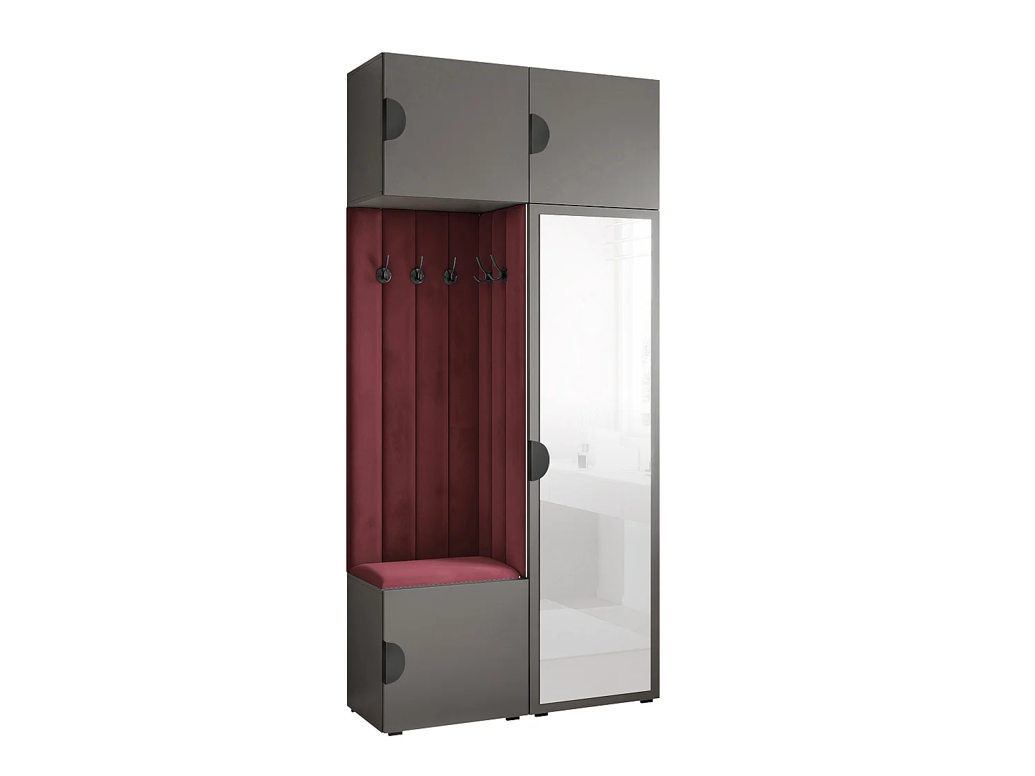 Vestiaire ARIA 10 112 cm Gris Rembourré Bordeaux avec Miroir Soft-Close Poignées Moon Noir