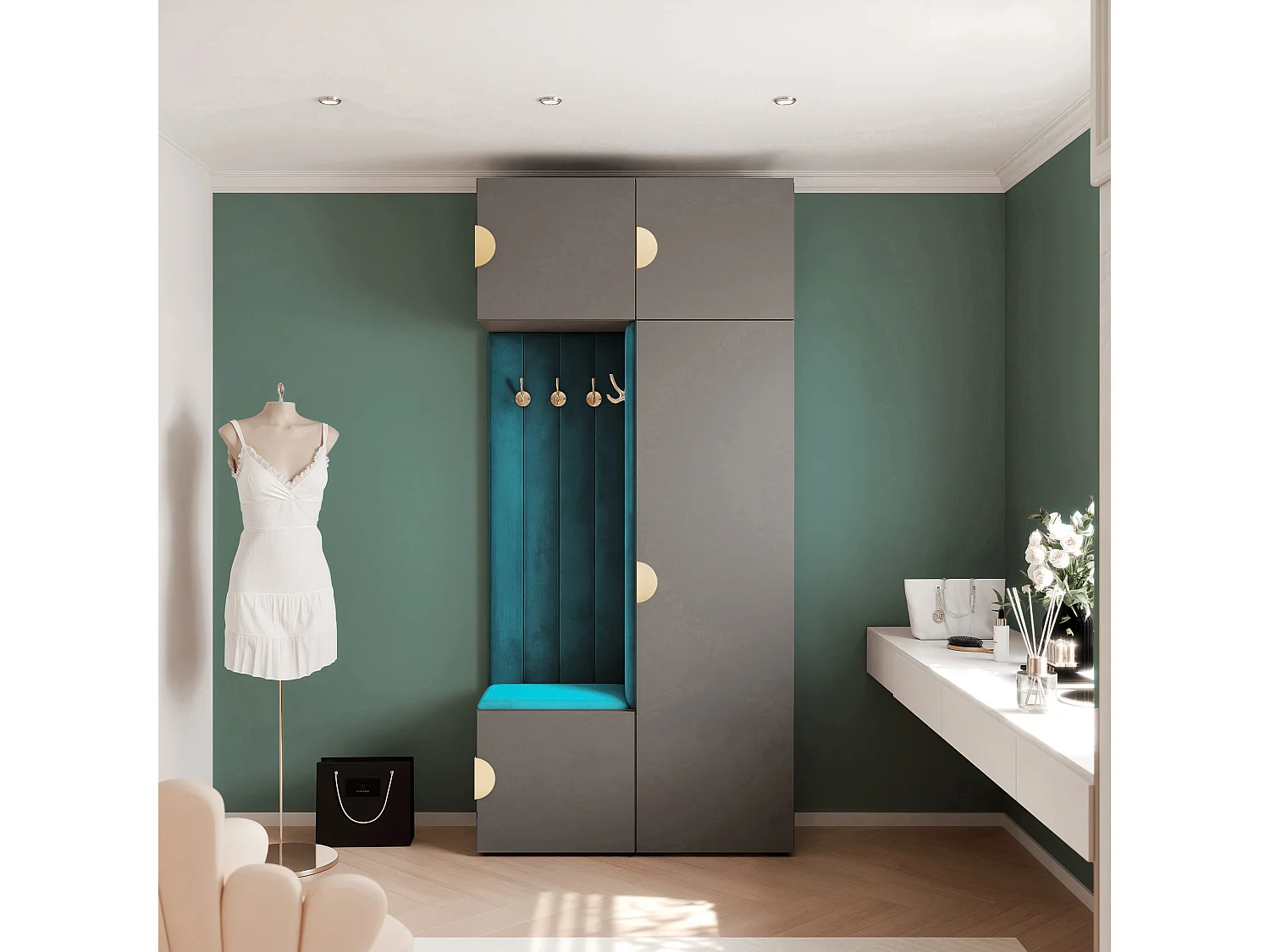 Vestiaire ARIA 10 112 cm Gris Rembourré Bleu Marine Soft-Close Poignées Moon Doré