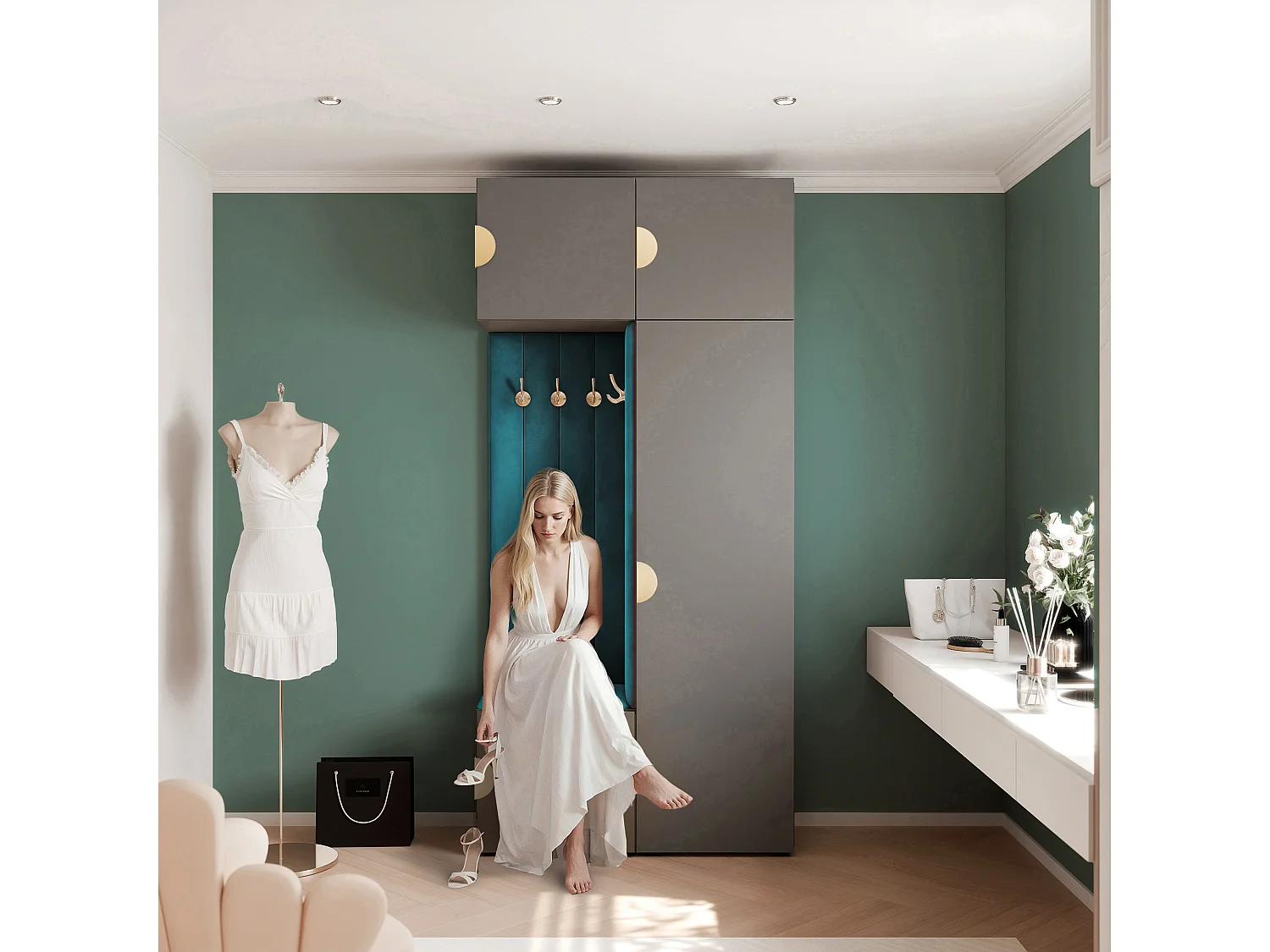 Vestiaire ARIA 10 112 cm Gris Rembourré Bleu Marine Soft-Close Poignées Moon Doré