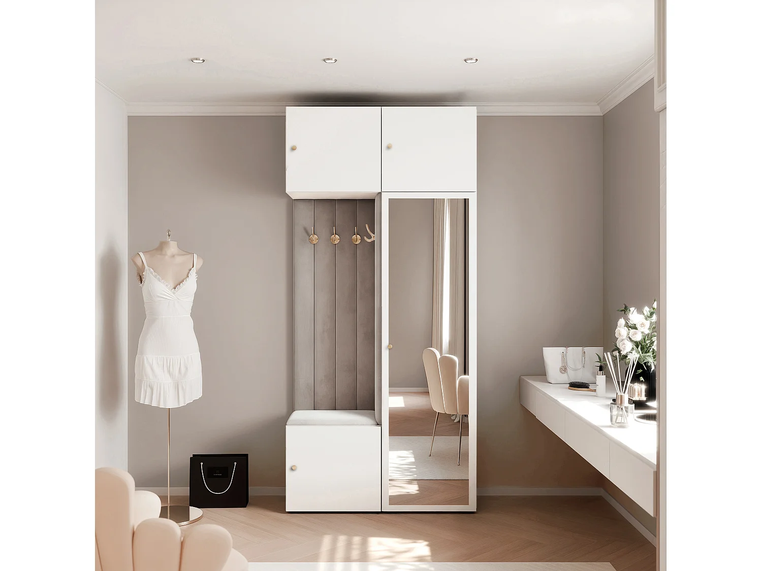 Vestiaire ARIA 10 112 cm Blanc Rembourré Gris Clair avec Miroir Soft-Close Poignées bouton Doré